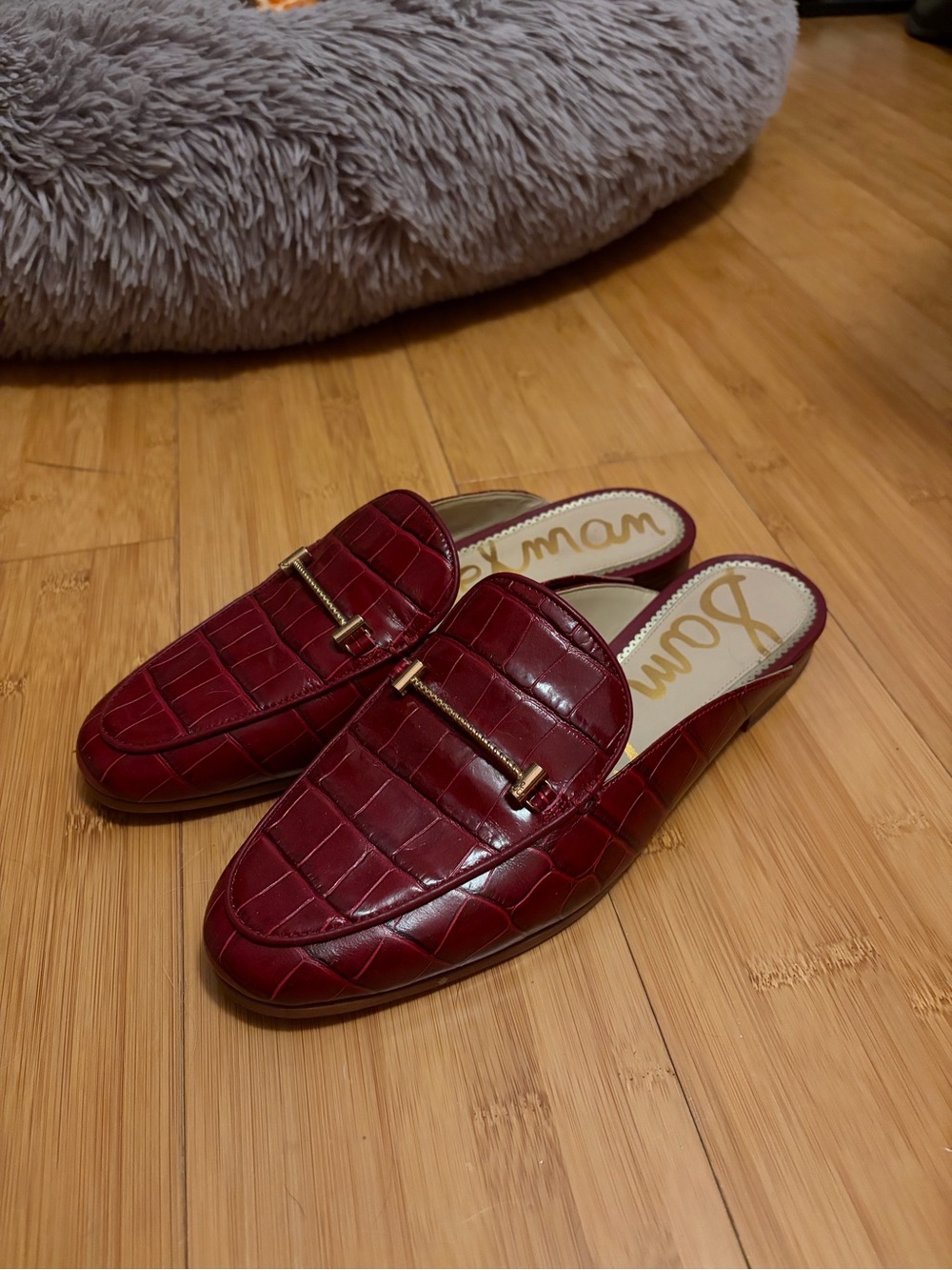 Sam Edelman Men's Wine Croc-Embossed Leather Slide Loafers with Gold Bar